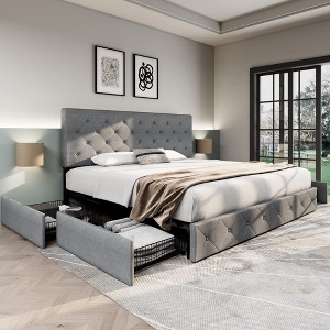 Allewie King Upholstered Bed Frame/4 Storage Drawers/Adjustable Headboard/Diamond Button Tufted/Mattress Foundation/No Box Spring Needed/Light Grey - 1 of 4