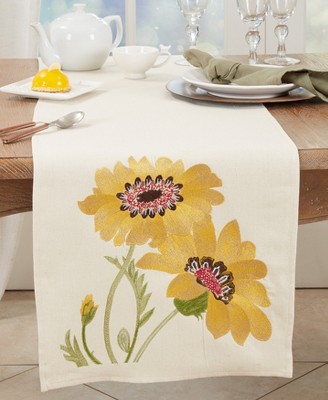 Yellow Floral Embroidered Cotton Linen Table Runner