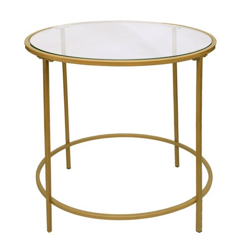 Round Metal Framed End Table With Glass, Round Glass Top End Table
