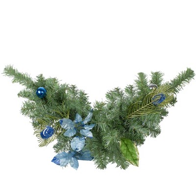 Northlight 24" Unlit Blue/Silver Peacock and Poinsettia Artificial Christmas Swag