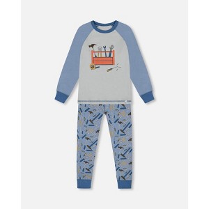 Deux par Deux Boy Organic Cotton Long Sleeve Top and Pants Two-Piece Pajama Set Tools on Bluish Gray Background - 1 of 3