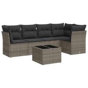 vidaXL 6 Piece Patio Sofa Set with Cushions Gray Poly Rattan - With Table - 1 of 4