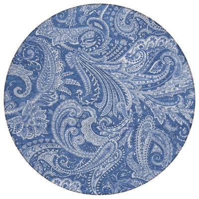 Navy Blue And Denim Blue Paisley Washable Indoor Outdoor Area Rug