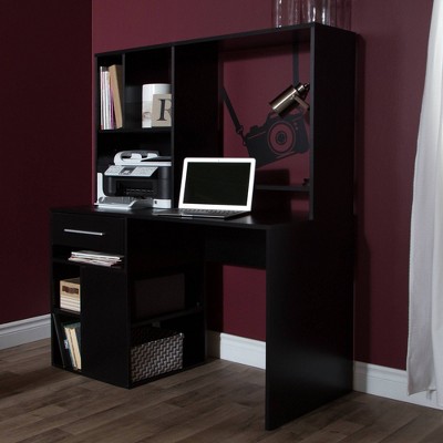 Pure Black Contemporary Home Office Desk with Hutch and USB Ports