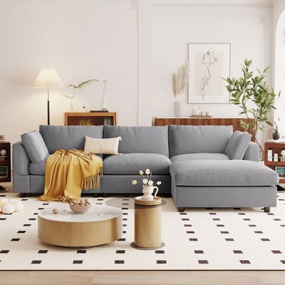 Convertible Sectional Sofa, 3-4 Seat L Shaped Couch With Footstool, Reversible Chaise, Sloped Armrest, Upholstered Sofa For Living Room Apartment