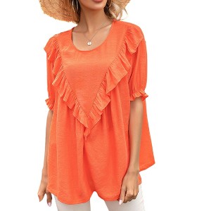 Anna-Kaci Women's Short Sleeve Loose Fit Blouse with Ruffle Trim and Round Neckline - 1 of 4
