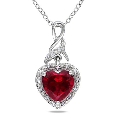 EVERLY JEWELRY | Sterling Silver 0.06 CT Diamond TW & 2 4/5 CT TGW Created Ruby Heart Pendant With Chain