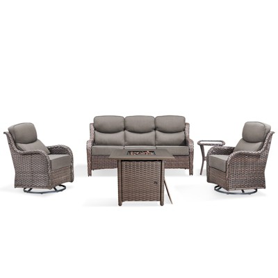 Buenhomino 5Pcs Patio Furniture Set with Fire Pit - Wicker Patio Conversation Set with Swivel Glider, Wicker Sofa, Tempered Side Table,6-inch Cushion