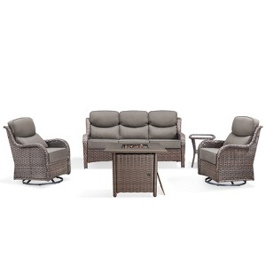 Buenhomino 5Pcs Patio Furniture Set with Fire Pit - Wicker Patio Conversation Set with Swivel Glider, Wicker Sofa, Tempered Side Table,6-inch Cushion - 1 of 4