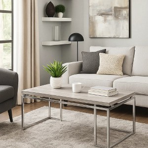 Royal Hampton Coffee Table with Rectangular Tabletop and Metal Legs, Silver and Brown - 1 of 4