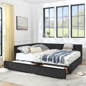 DOMETOUR Queen Size Upholstered Storage Bed Frame with Tufted Backrest & Armrests, Velvet, Black, 85.5x64.5x29.5 inch - 1 of 4