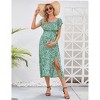 Maternity Dress for Women Summer Off Shoulder Floral Short Sleeve Midi Maternity Dress Ruffled Dress with Thigh Slit - 3 of 4