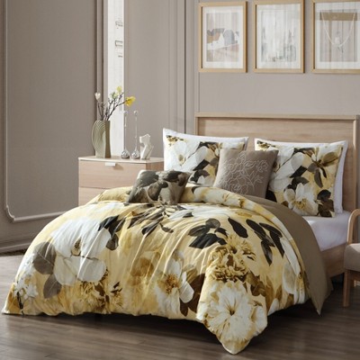 Yellow Magnolia Floral Cotton Queen Reversible Comforter Set