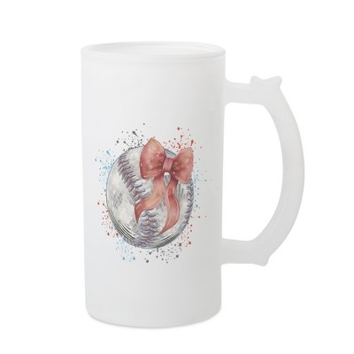 Elanze Designs Freezable Beer Stein Mug With Thumb Grip Handle, 16 Ounce Frosted Glass, Baseball With Pink Bow