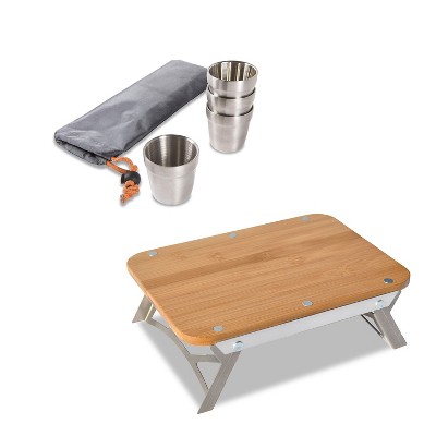 nCamp Basic 6 Oz Stainless Steel Stackable Cups Camping Set (4 Pack) and Carry Bag Bundle with Portable Outdoor Elevated Prep Cutting Board Surface