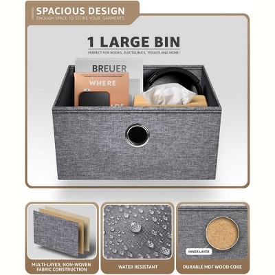 Black Steel Frame Nightstand with Wood Top and Fabric Drawer