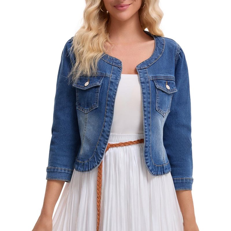 INSPIRE CHIC Women's Denim Collarless 2026 Casual 3/4 Sleeve Pockets Jean Jackets Small Blue