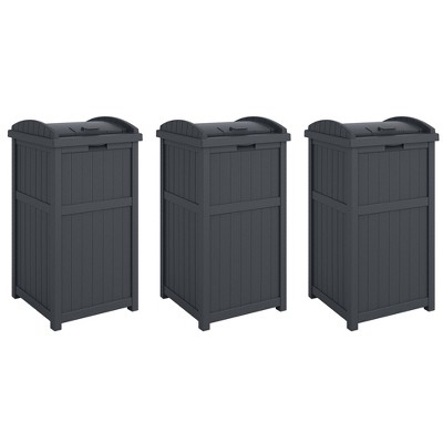 Suncast 30-Gallon Durable Hideaway Trash Waste Bin Container for Outdoor with Solid Bottom Panel and Latching Lid, Cyberspace (3 Pack)