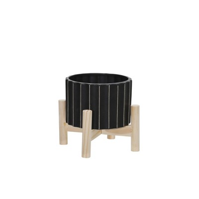 Sagebrook Home Fluted Round Ceramic Planter Pot With Wood Stand