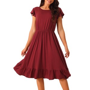 Seta T Women's Summer Casual Flutter Short Sleeve Crew Neck Ruffle Hem Midi Dress with Pockets - 1 of 4