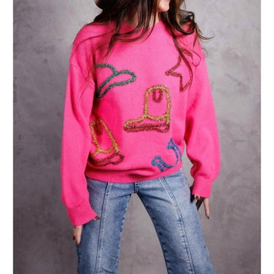 Women's Wo's Metallic Yarn Star Cow Pullover Sweater - Blue B