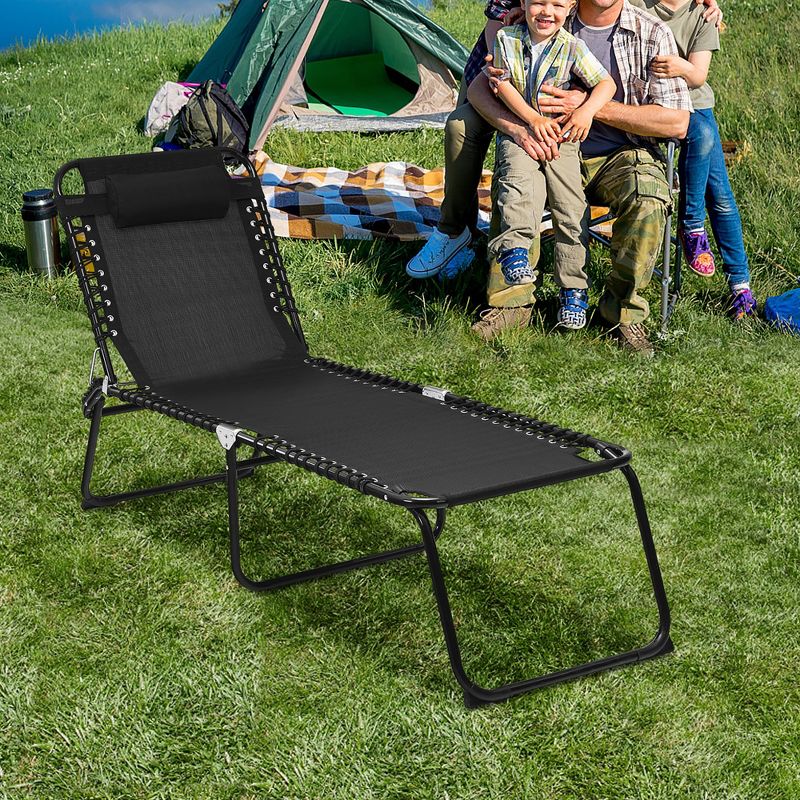 Costway Folding Beach Lounge Chair Heightening Design Patio Lounger w/ Pillow Black\Grey, 5 of 10