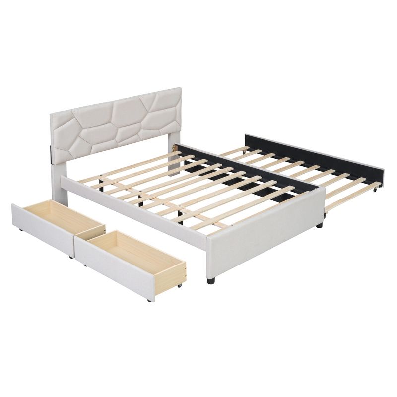 Upholstered Platform Bed with Brick Pattern Headboard, Trundle Bed and 2 drawers-ModernLuxe, 5 of 16