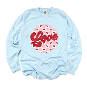 Simply Sage Market Women's Retro Love Checkered Circle Long Sleeve Garment Dyed Tee - 1 of 3