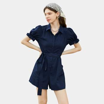 Women's Blue Collared Button-Up Romper - Cupshe
