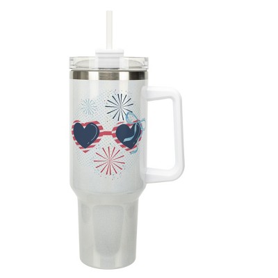 Elanze Designs 40 Ounce Stainless Steel Double Wall Insulated Glitter Travel Tumbler With Handle, Straw, and Lid, Patriotic Sunglasses White