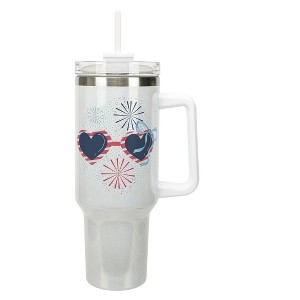 Elanze Designs 40 Ounce Stainless Steel Double Wall Insulated Glitter Travel Tumbler With Handle, Straw, and Lid, Patriotic Sunglasses White - 1 of 1