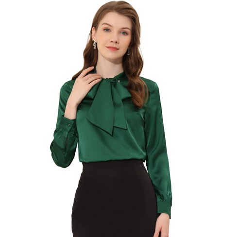 Allegra K Women's Satin Bow Tie Neck Solid Work Office Blouse Dark Green  X-Small