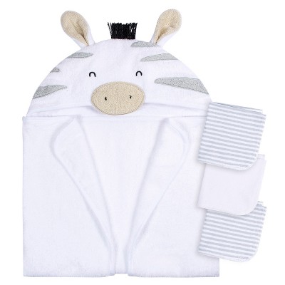 Gerber Baby Grey Elephant Hooded Bath Towel & Washcloths, One Size Fits Most, 4-Piece Set