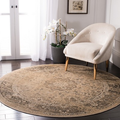 Vintage Warm Beige Floral Round Wool Area Rug