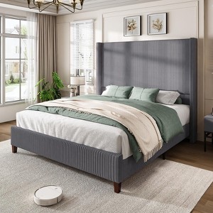 AMERLIFE Size 62" Corduroy Upholstered Bed Frame Extra Tall Wingback Headboard - 1 of 4