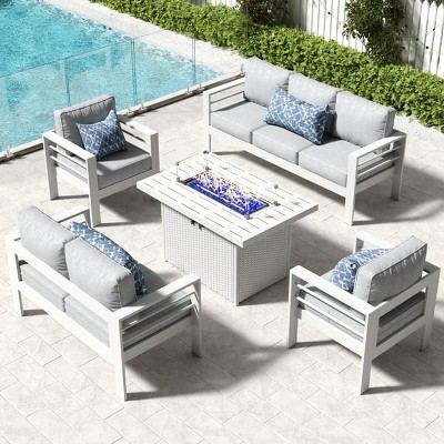 LayinSun Aluminum Furniture Set with Fire Pit Table, 5 Pieces Patio Sectional Conversation Chat Sofa Modern Seating Set