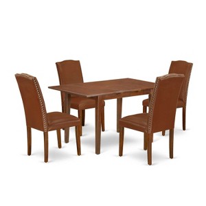 Rectangle Kitchen Dining Set 5Pc Table W/ Leaf & 4 Chairs - Brown Flaux Leather Mahogany Legs - 1 of 4