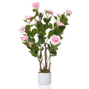 2.5FT Artificial Camellia Tree 1-Pack, Faux Pink Flower Plants in Weighted Planters for Home & Office Decor - 1 of 4