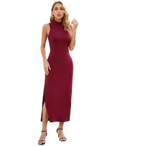 Womens Sleeveless Maxi Bodycon Dress with Side Slit Mock Neck Racer Back Stretchy Dress Cocktail Dress Dight Date Going Out Dress - Wine,XL - 1 of 4