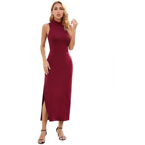 Womens Sleeveless Maxi Bodycon Dress With Side Slit Mock Neck Racer Back Stretchy Dress Cocktail Dress Dight Date Going Out Dress Wine m Target