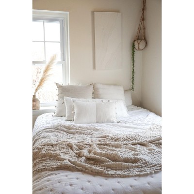 Natural Beige and White Linen Tassel Throw Pillow