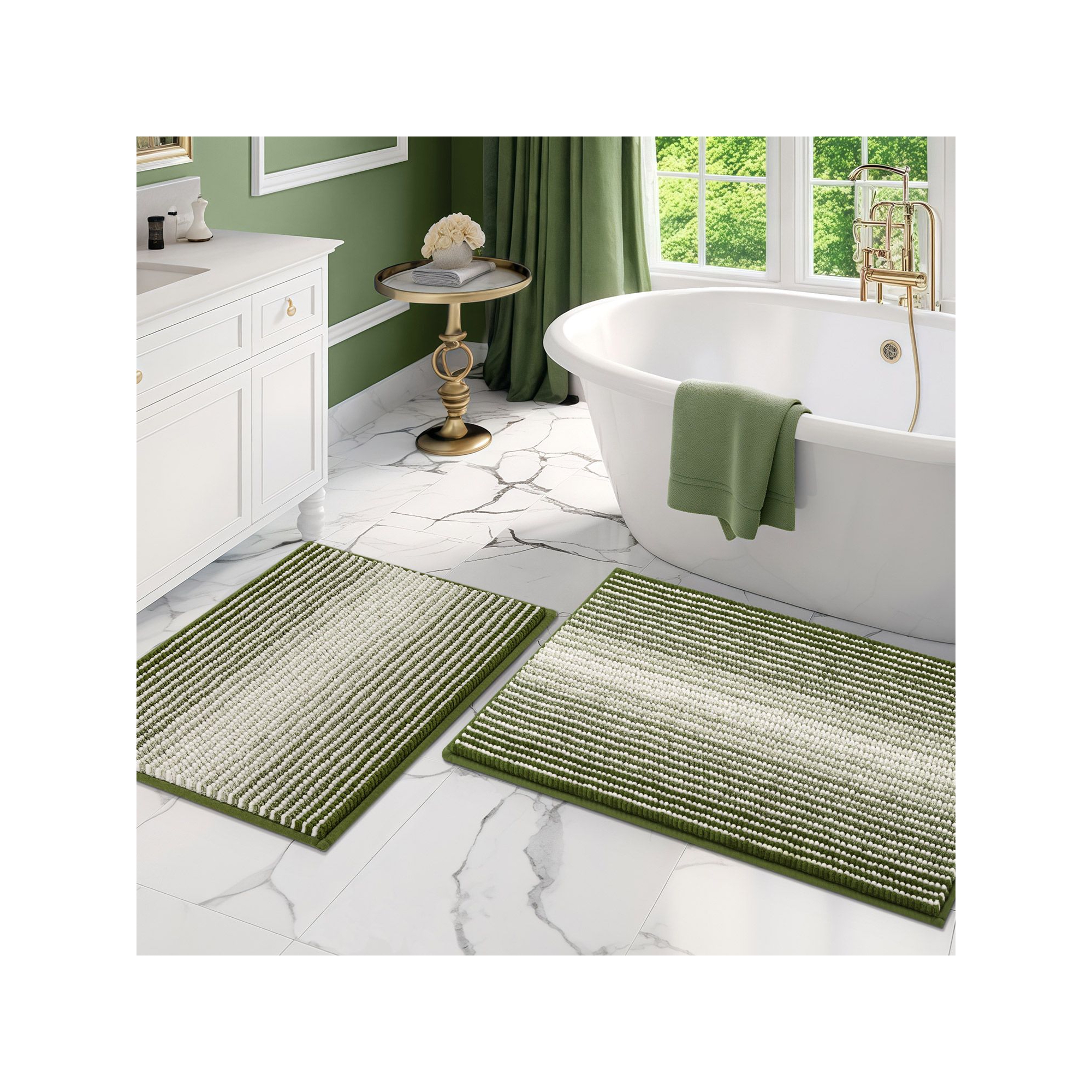 Thick Chenille Bathroom Rugs Sets 2 Piece, 20" x 32" and 16" x 24" Absorbent & Non-Skid Bathroom Rug Set - Sage Green