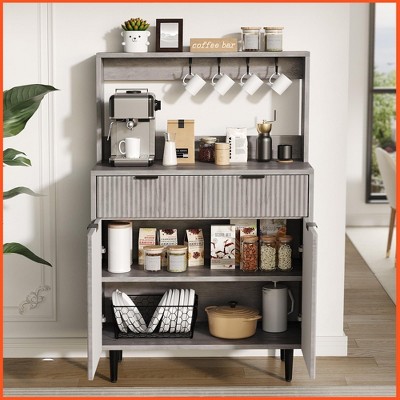 Homhougo Fluted Sideboard Buffet Cabinet with Storage, Modern Coffee Bar Cabinet with 2 Drawers & Adjustable Shelves Gray