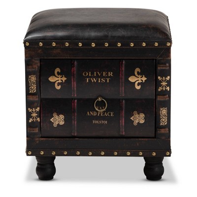 Charlier Rustic Dark Brown Faux Leather Storage Ottoman with Book Spine Drawer
