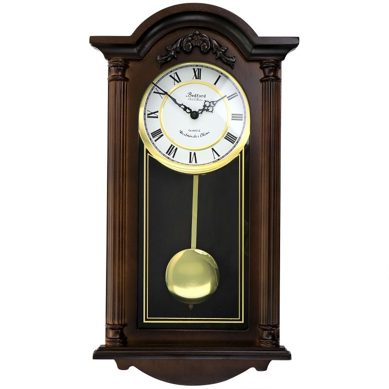 Bedford Clock Collection Noah 22 Inch Chestnut Wood Chiming Pendulum Wall Clock, 1 of 8