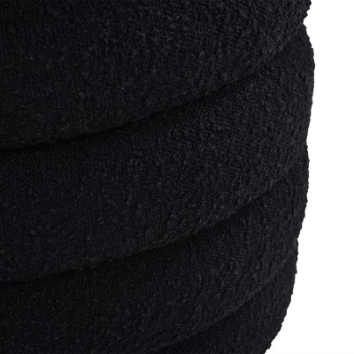Ebony Black Boucle Round Storage Ottoman with Gathered Embellishment