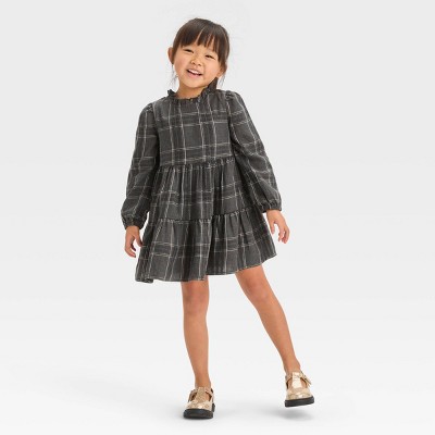 Toddler Girls' Plaid Long Sleeve Dress - Cat & Jack™ Dark Gray 5t