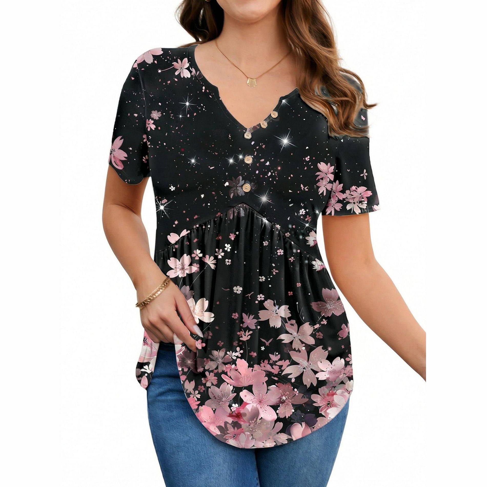 Zeagoo Women Summer Tops Short Sleeve Casual Floral Tshirt Henley V-Neck Loose Basic Tee
