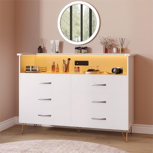 Dresser with LED Light & Charging Station, Storage Cabinet with 6 Drawers and 2 Open Shelves - 1 of 4
