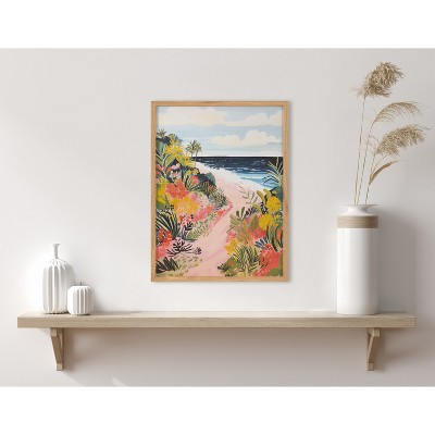 Natural Oak Framed Tropical Bright Ocean Path Landscape Print